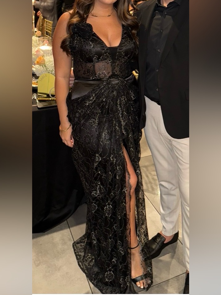 Black Lace Evening Gown With Side Slit